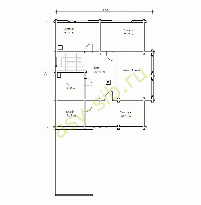 План второго этажа коттеджа из клеёного бруса со вторым светом.