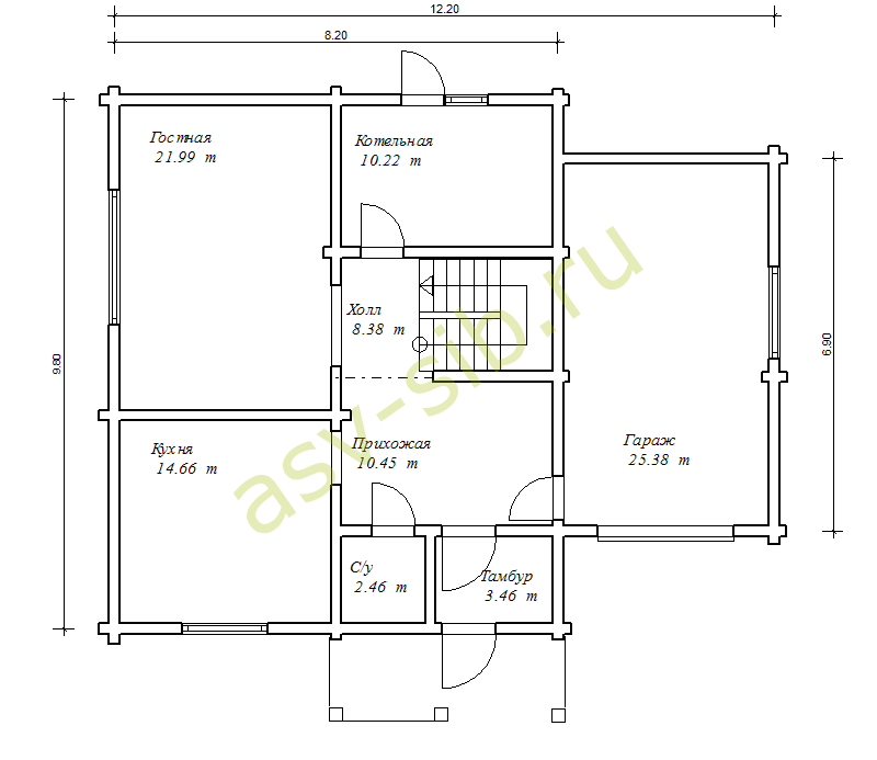 План первого этажа дачного дома из бруса с гаражом, проект П164-119